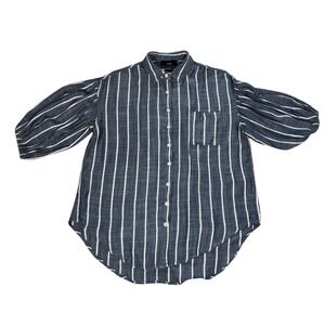 RAIN Women's Navy White Pinstripe Puff Sleeve Button Up Blouse Size S